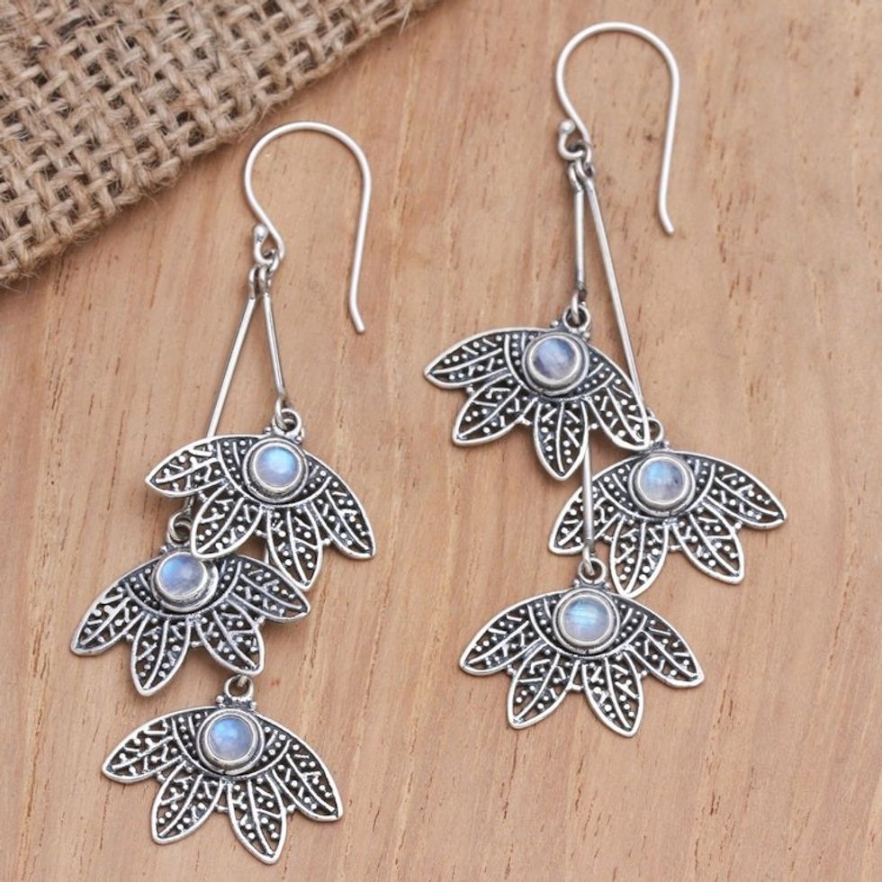 Rainbow Moonstone Feather-Motif Dangle Earrings 'Feather Charm'
