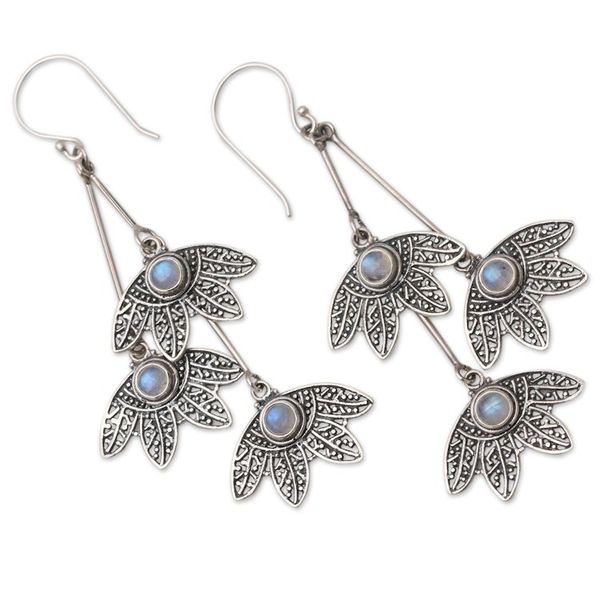 Alternate image for Rainbow Moonstone Feather-Motif Dangle Earrings Feather Charm