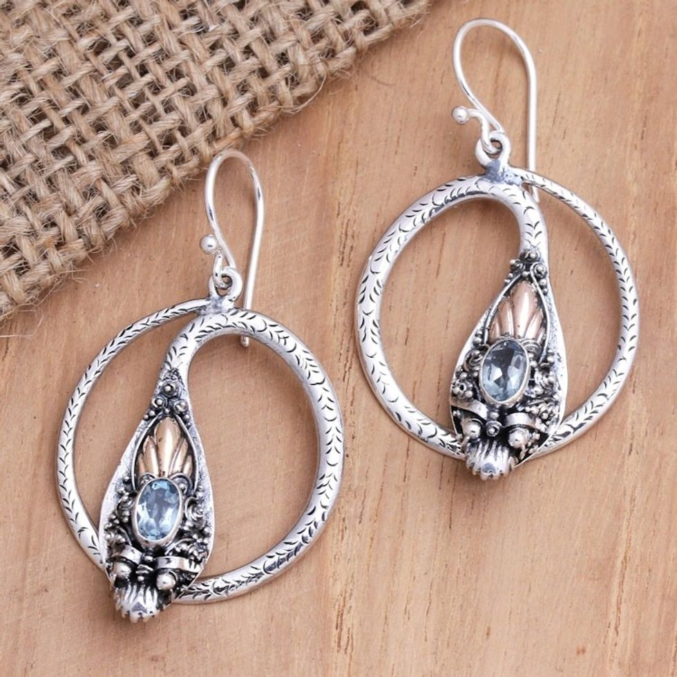 Gold-Accented and Blue Topaz Snake Dangle Earrings 'Snake Circle'