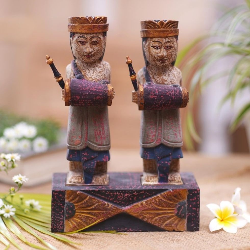 Hand Crafted Albesia Wood Statuette 'Beleganjur Music'