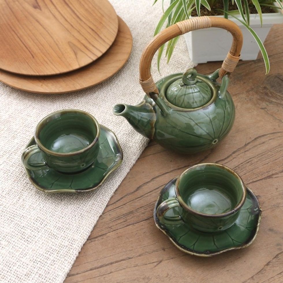 Green Ceramic and Bamboo Tea Set for Two 5 Pcs 'Honeymoon Tavern'