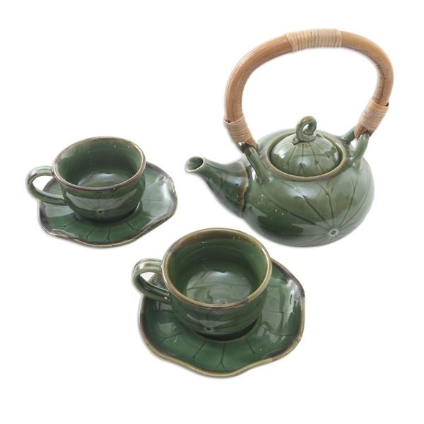 Alternate image for Green Ceramic and Bamboo Tea Set for Two 5 Pcs Honeymoon Tavern