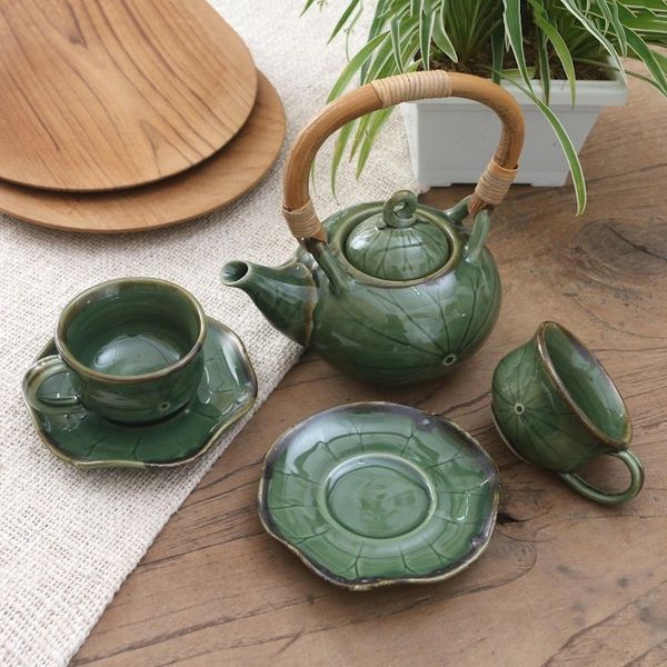 Alternate image for Green Ceramic and Bamboo Tea Set for Two 5 Pcs Honeymoon Tavern