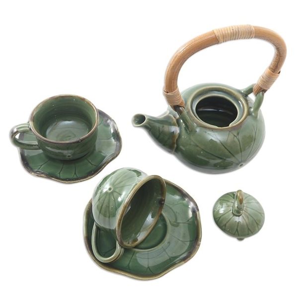 Alternate image for Green Ceramic and Bamboo Tea Set for Two 5 Pcs Honeymoon Tavern
