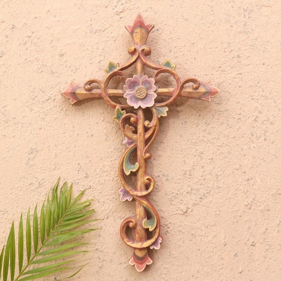 Artisan Crafted Suar Wood Cross Relief Panel 'Floral Faith'