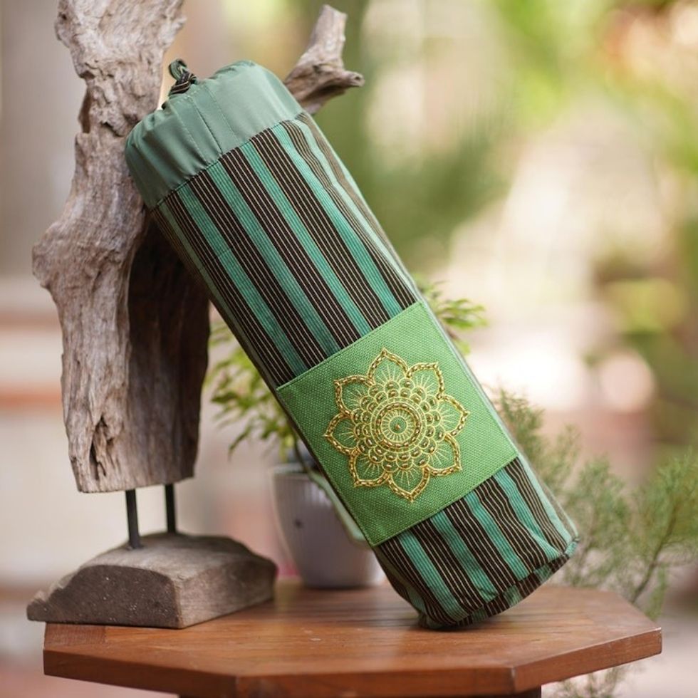 Green Ikat Cotton Yoga Mat Carrier from Java 'Large Striped Mandala'