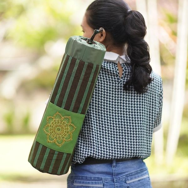Alternate image for Green Ikat Cotton Yoga Mat Carrier from Java Large Striped Mandala