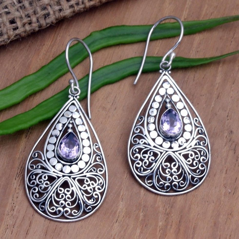 Amethyst and Sterling Silver Dangle Earrings from Bali 'Mixed Feelings'