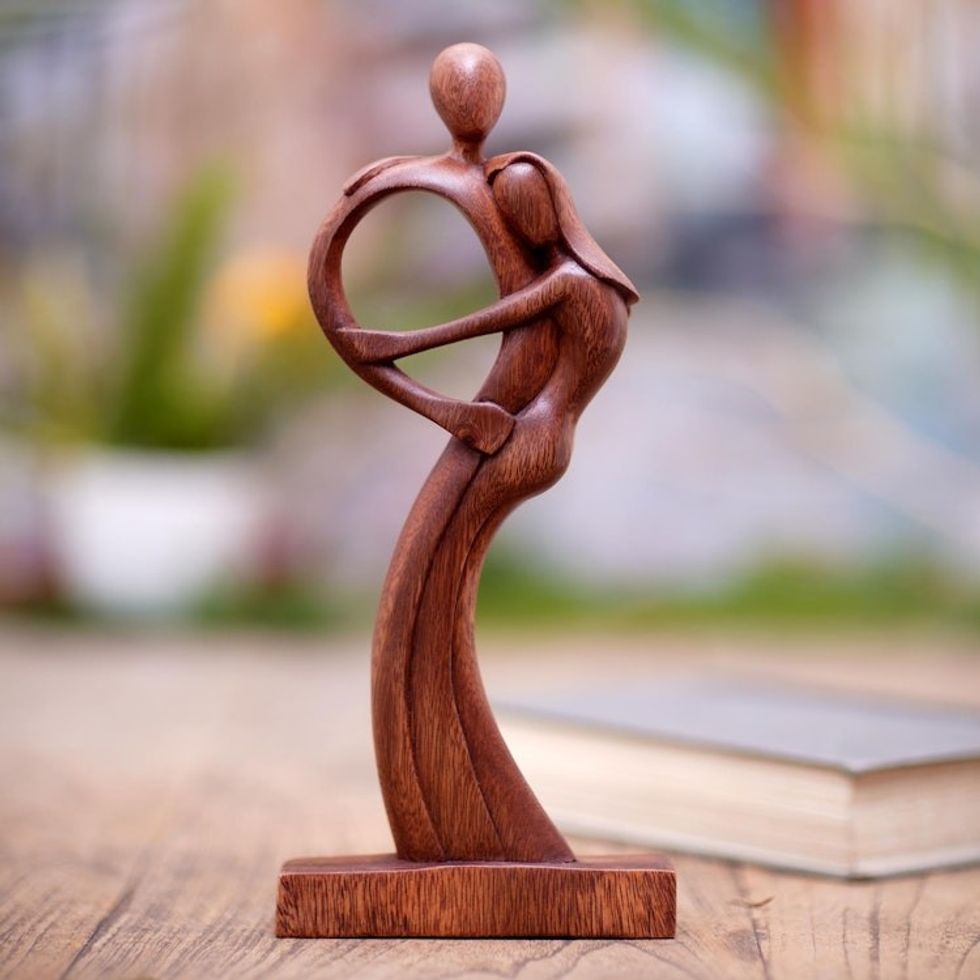 Hand Made Figurative Suar Wood Statuette 'Hug Me'