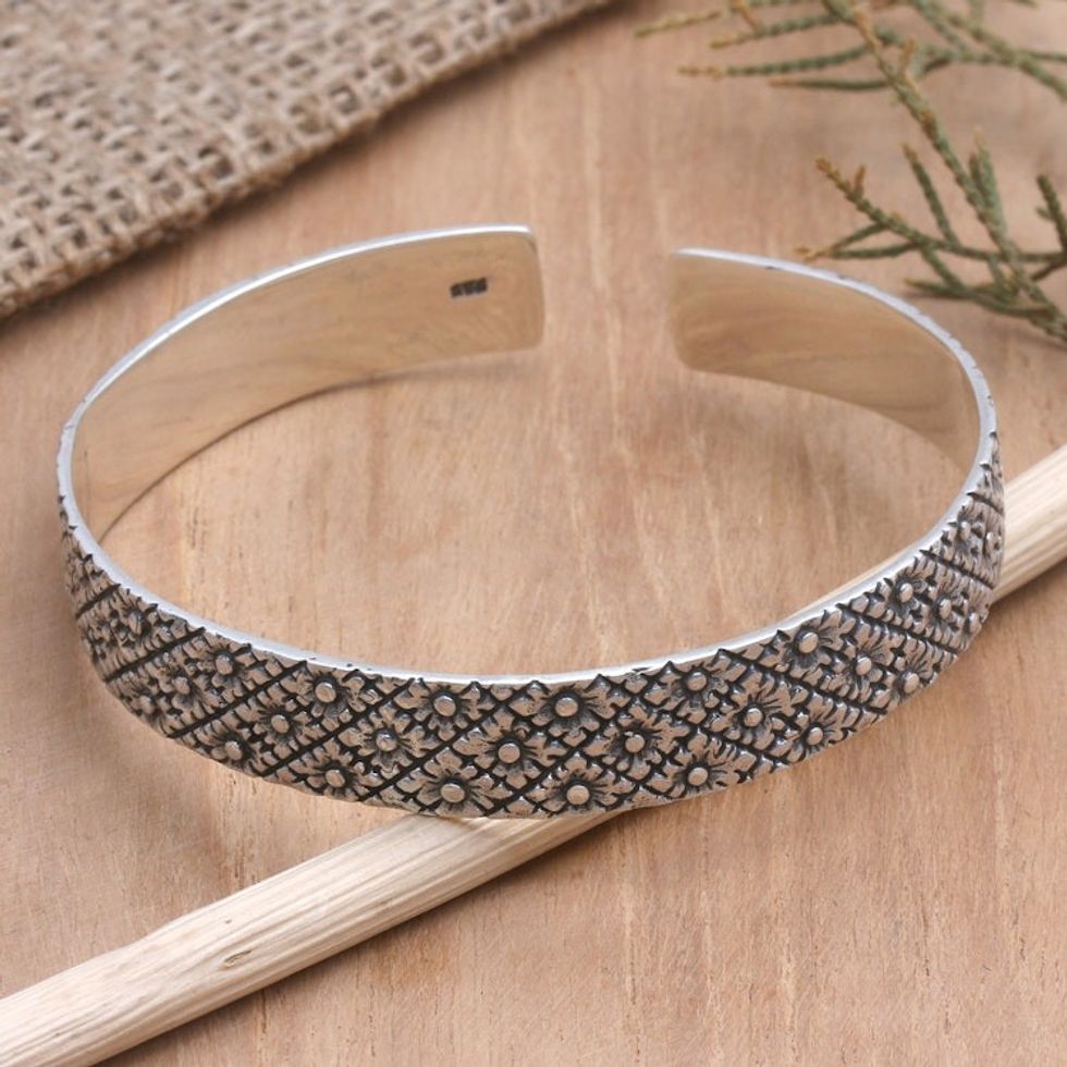 Sterling Silver Cuff Bracelet with Floral Motif 'Floral Friend'