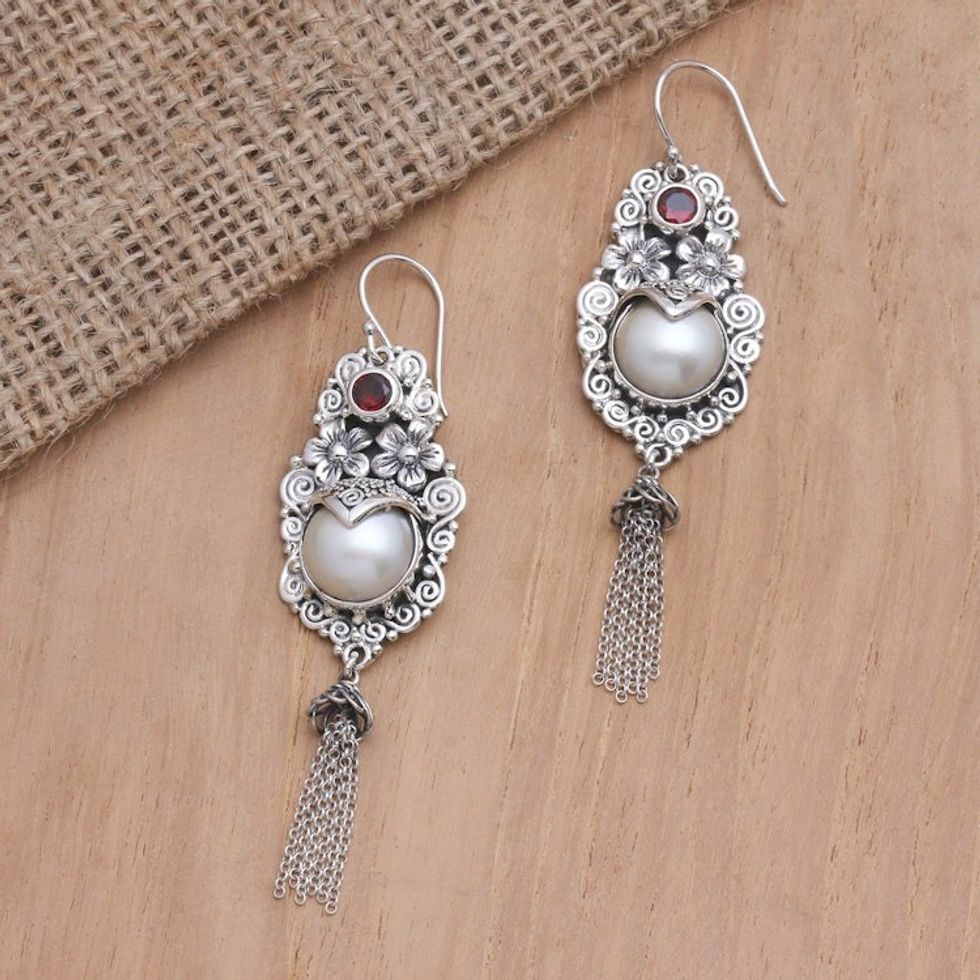 Garnet and Cultured Pearl Dangle Earrings 'Winter Apple in Red'