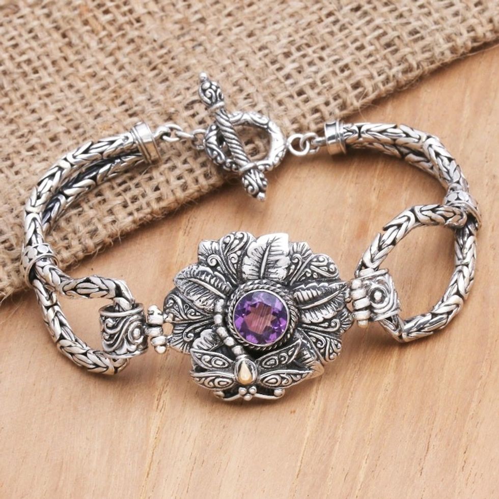 Gold-Accented Amethyst Pendant Bracelet 'Royal Dragonfly'