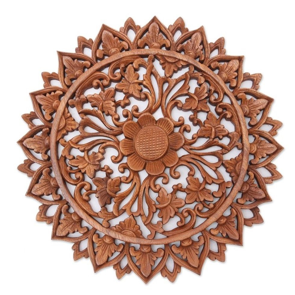 Artisan Made Suar Wood Floral-Motif Relief Panel 'Miracle Garden'