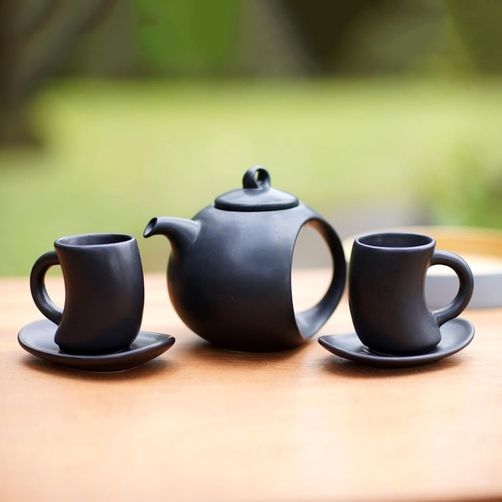 Hand Crafted Black Ceramic Tea Set Set for 2 'Pour the Tea in Black'