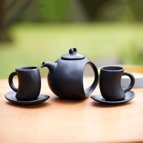 Alternate image for Hand Crafted Black Ceramic Tea Set Set for 2 Pour the Tea in Black