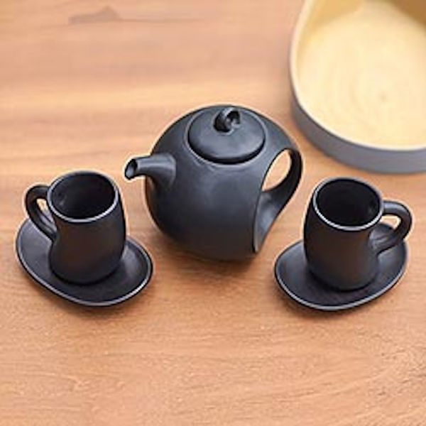 Alternate image for Hand Crafted Black Ceramic Tea Set Set for 2 Pour the Tea in Black