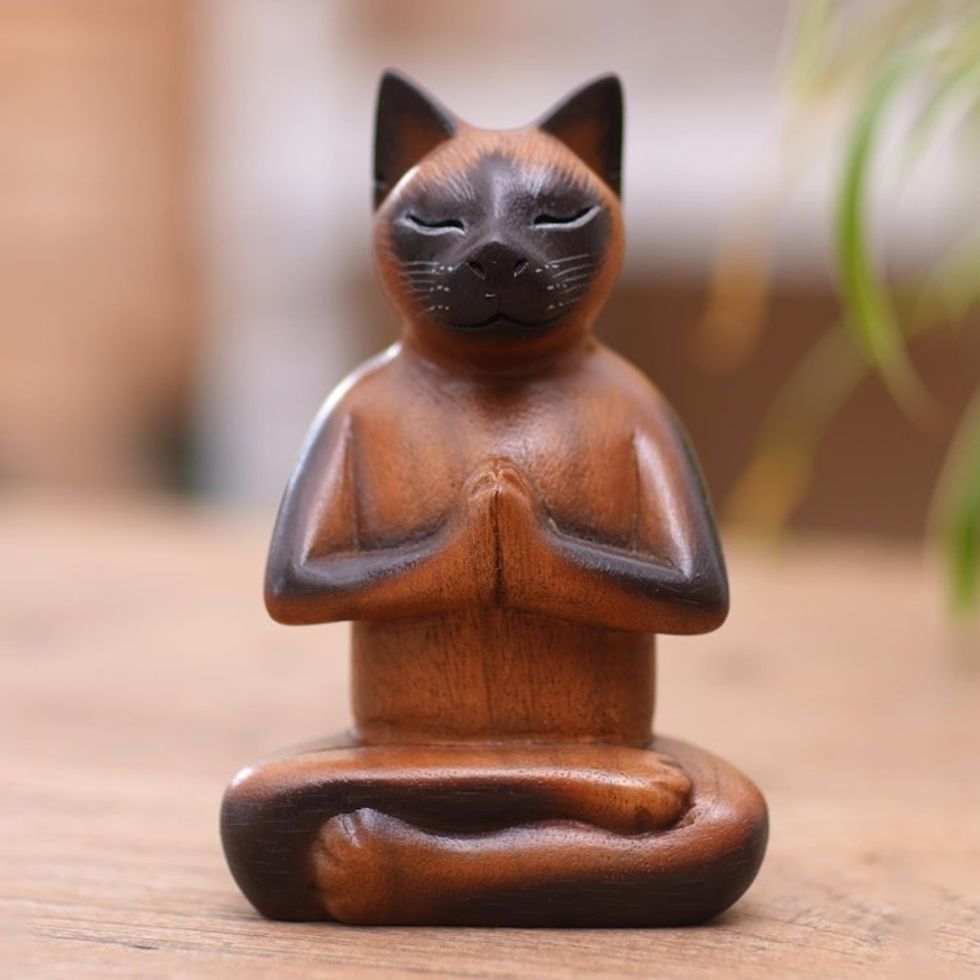 Brown Raintree Wood Figure of a Cat in Lotus Position 'Balinese Cat Meditates'