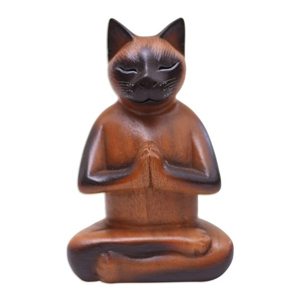 Alternate image for Brown Raintree Wood Figure of a Cat in Lotus Position Balinese Cat Meditates