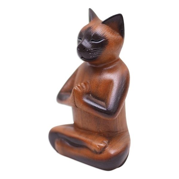 Alternate image for Brown Raintree Wood Figure of a Cat in Lotus Position Balinese Cat Meditates