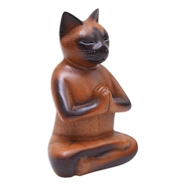Alternate image for Brown Raintree Wood Figure of a Cat in Lotus Position Balinese Cat Meditates