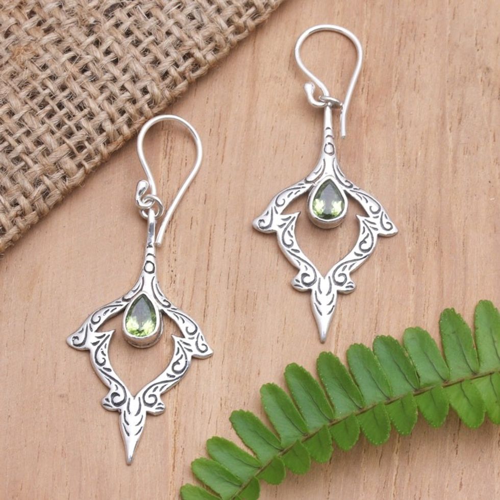 Sterling Silver Dangle Earrings with Pear Peridot Stones 'Green Beauty'