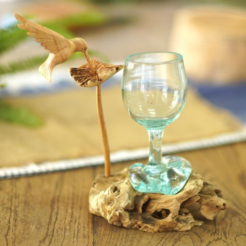 Handblown Glass and Jempinis Wood Hummingbird Sculpture 'Hummingbird Wine'