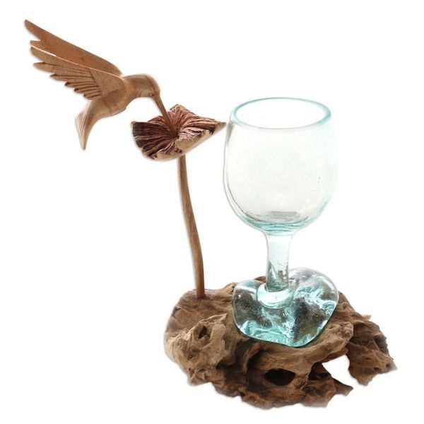 Alternate image for Handblown Glass and Jempinis Wood Hummingbird Sculpture Hummingbird Wine