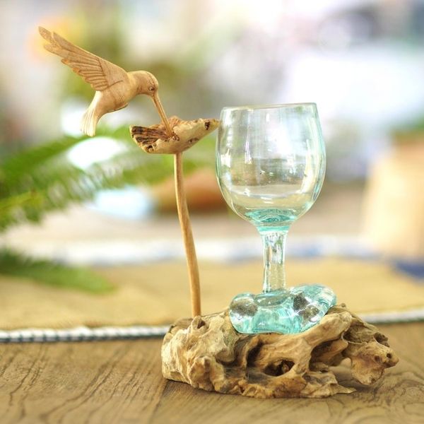 Alternate image for Handblown Glass and Jempinis Wood Hummingbird Sculpture Hummingbird Wine