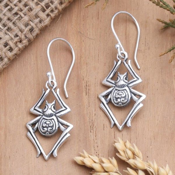 Alternate image for Sterling Silver Dangle Earrings with Spider Motif Itsy Bitsy