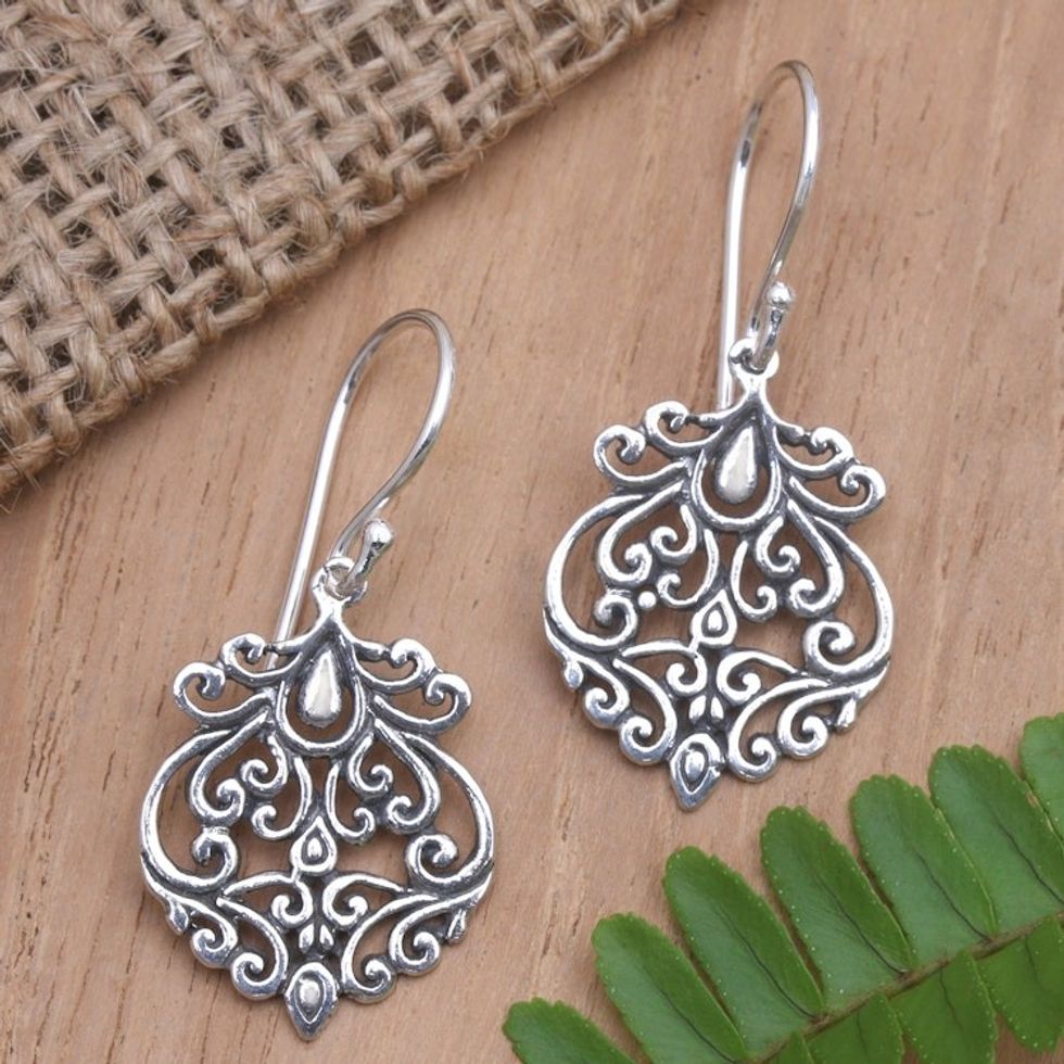 Polished Classic Vine-Themed Sterling Silver Dangle Earrings 'The Leaf Life'