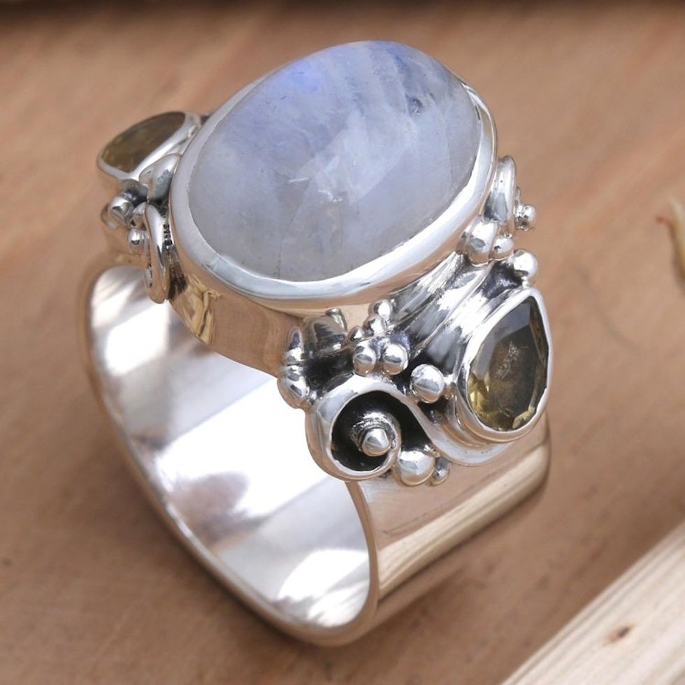 Rainbow Moonstone and Citrine Cocktail Ring 'Snow Day'