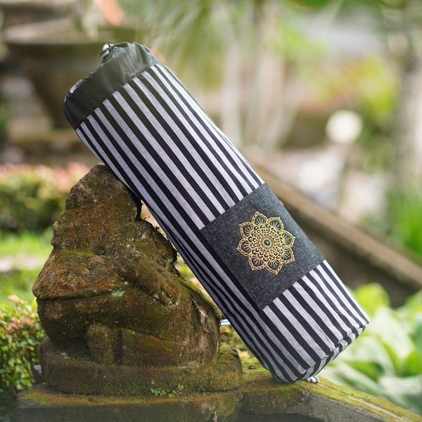 Alternate image for Ikat Cotton Yoga Mat Bag with Stripe Motif Striped Mandala in Black