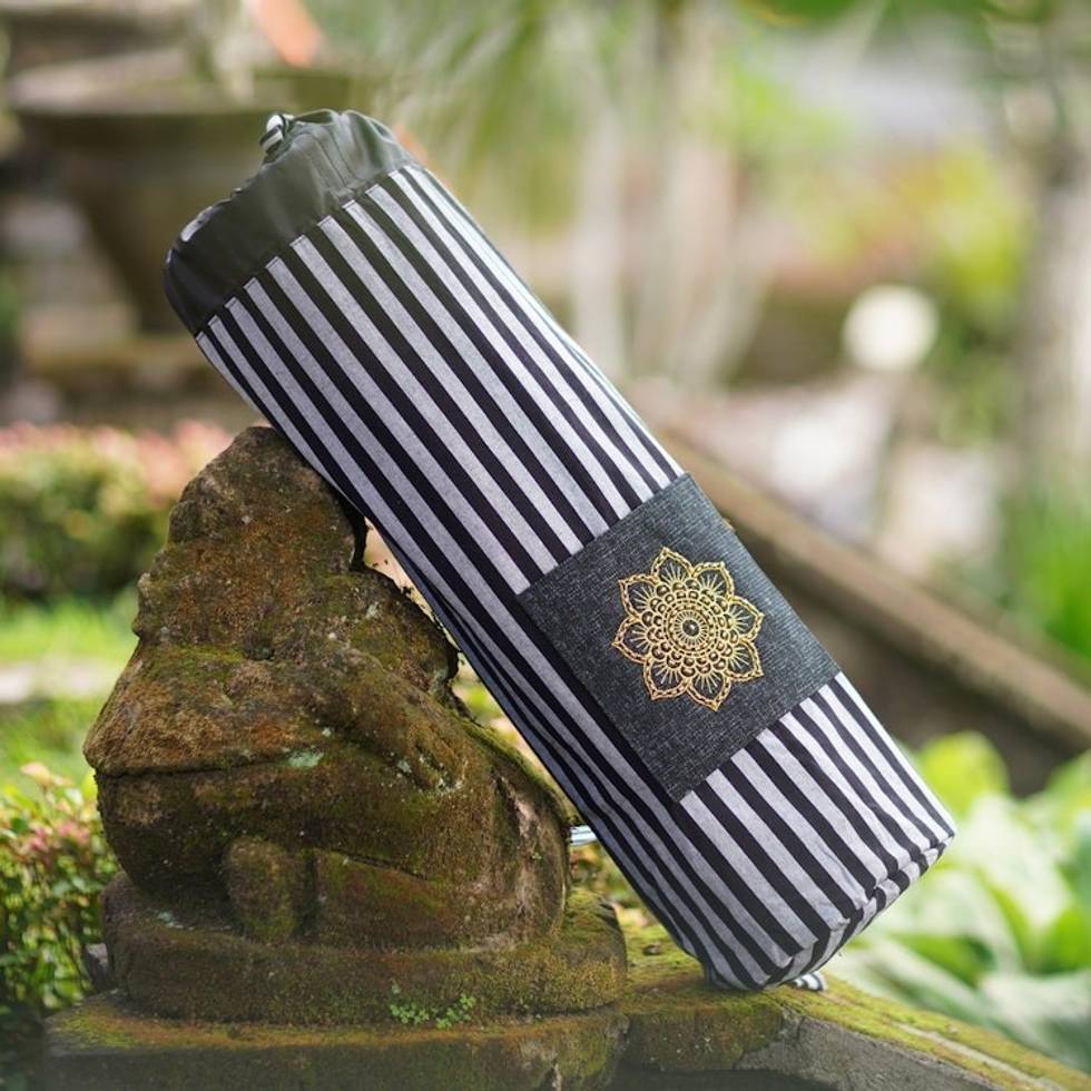 Ikat Cotton Yoga Mat Bag with Stripe Motif 'Striped Mandala in Black'