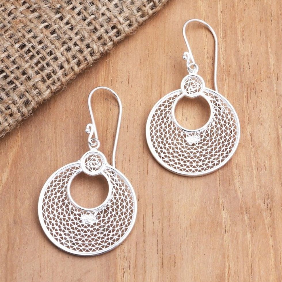 Artisan Crafted Sterling Silver Dangle Earrings 'Filigree Eclipse'