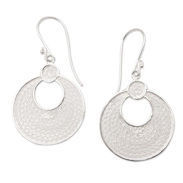 Alternate image for Artisan Crafted Sterling Silver Dangle Earrings Filigree Eclipse