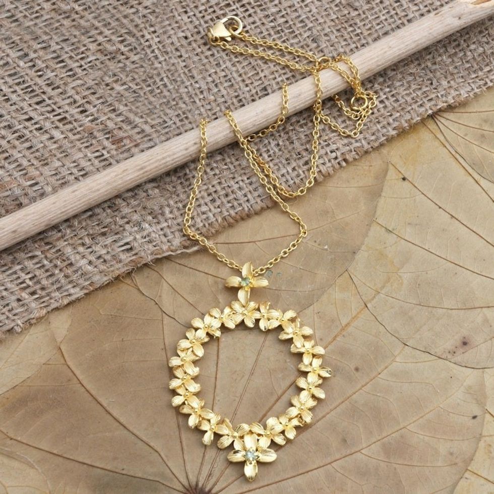 Gold-Plated Peridot Floral-Motif Pendant Necklace 'Wreathed in Flowers'