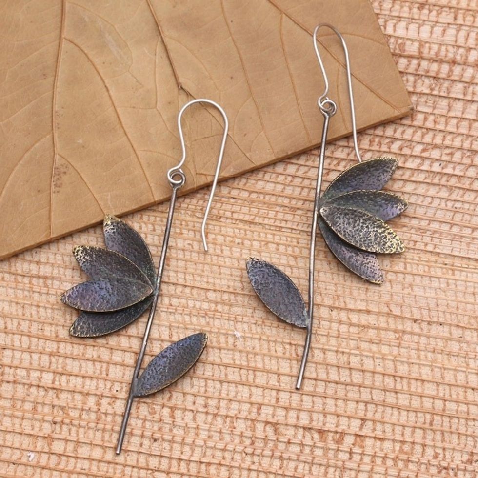 Handcrafted Brass Leaf-Motif Dangle Earrings 'Crunchy Leaves'