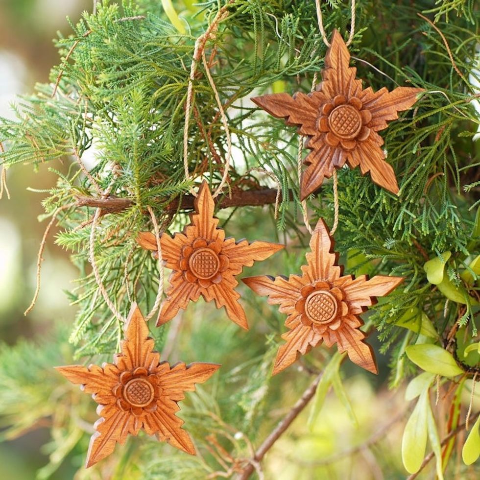 Hand Crafted Floral-Motif Wood Holiday Ornaments Set of 4 'Little Sunflower'