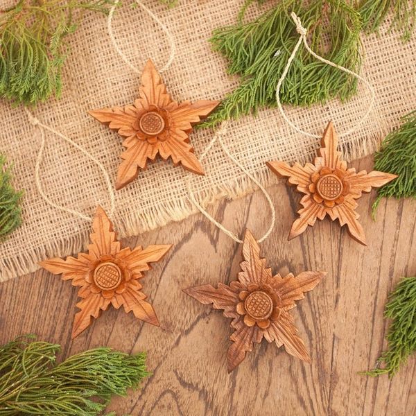 Alternate image for Hand Crafted Floral-Motif Wood Holiday Ornaments Set of 4 Little Sunflower