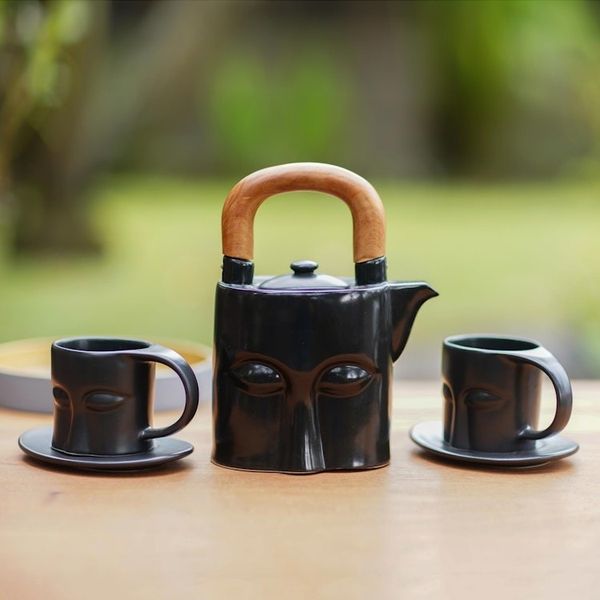 Alternate image for Black Ceramic and Teak Wood Tea Set Set for 2 Peaceful Eyes