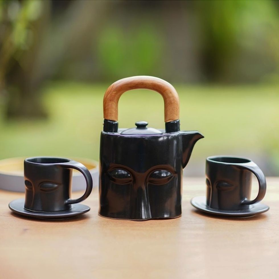 Black Ceramic and Teak Wood Tea Set Set for 2 'Peaceful Eyes'