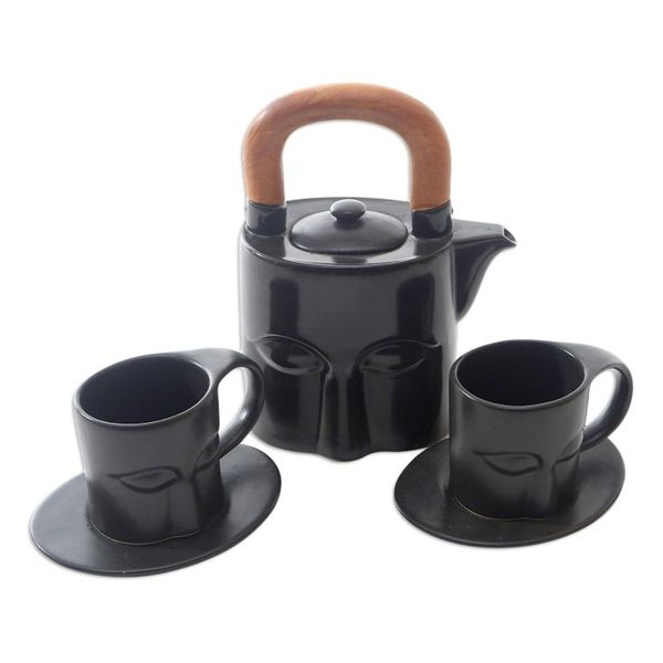 Alternate image for Black Ceramic and Teak Wood Tea Set Set for 2 Peaceful Eyes