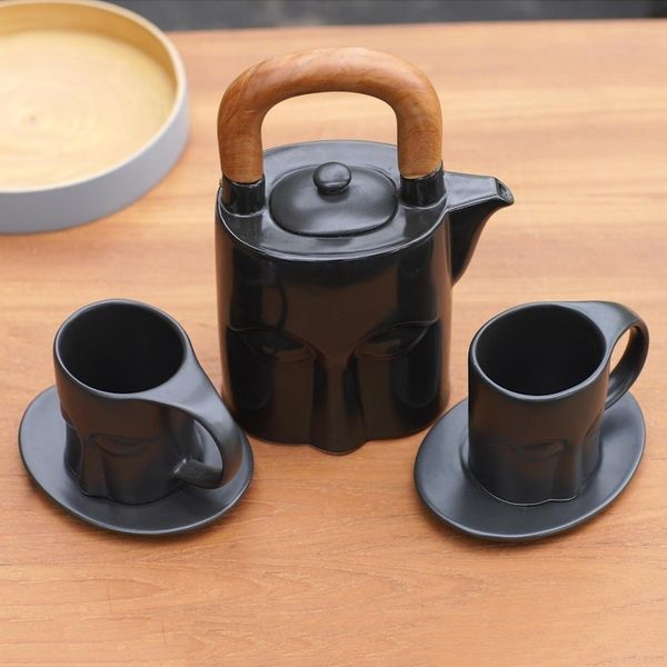 Alternate image for Black Ceramic and Teak Wood Tea Set Set for 2 Peaceful Eyes