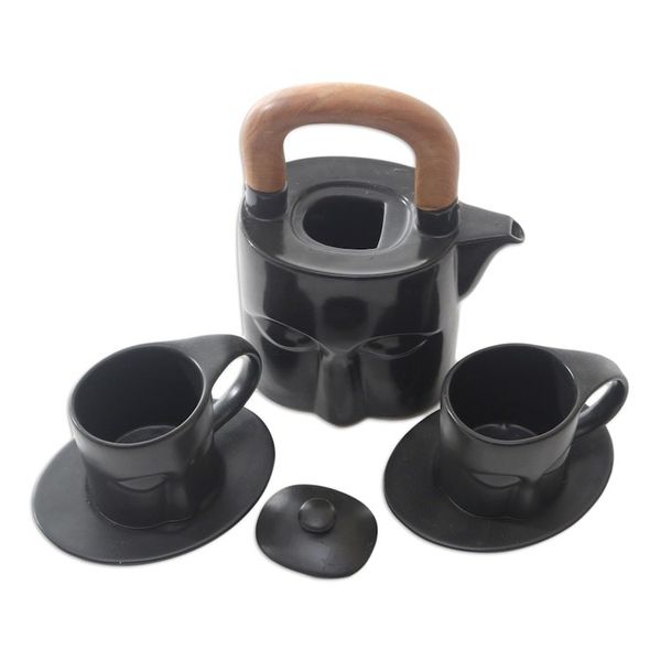 Alternate image for Black Ceramic and Teak Wood Tea Set Set for 2 Peaceful Eyes