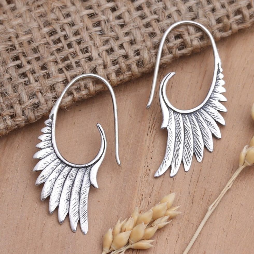 Sterling Silver Drop Earrings with Wing Motif 'Angelic Spirit'