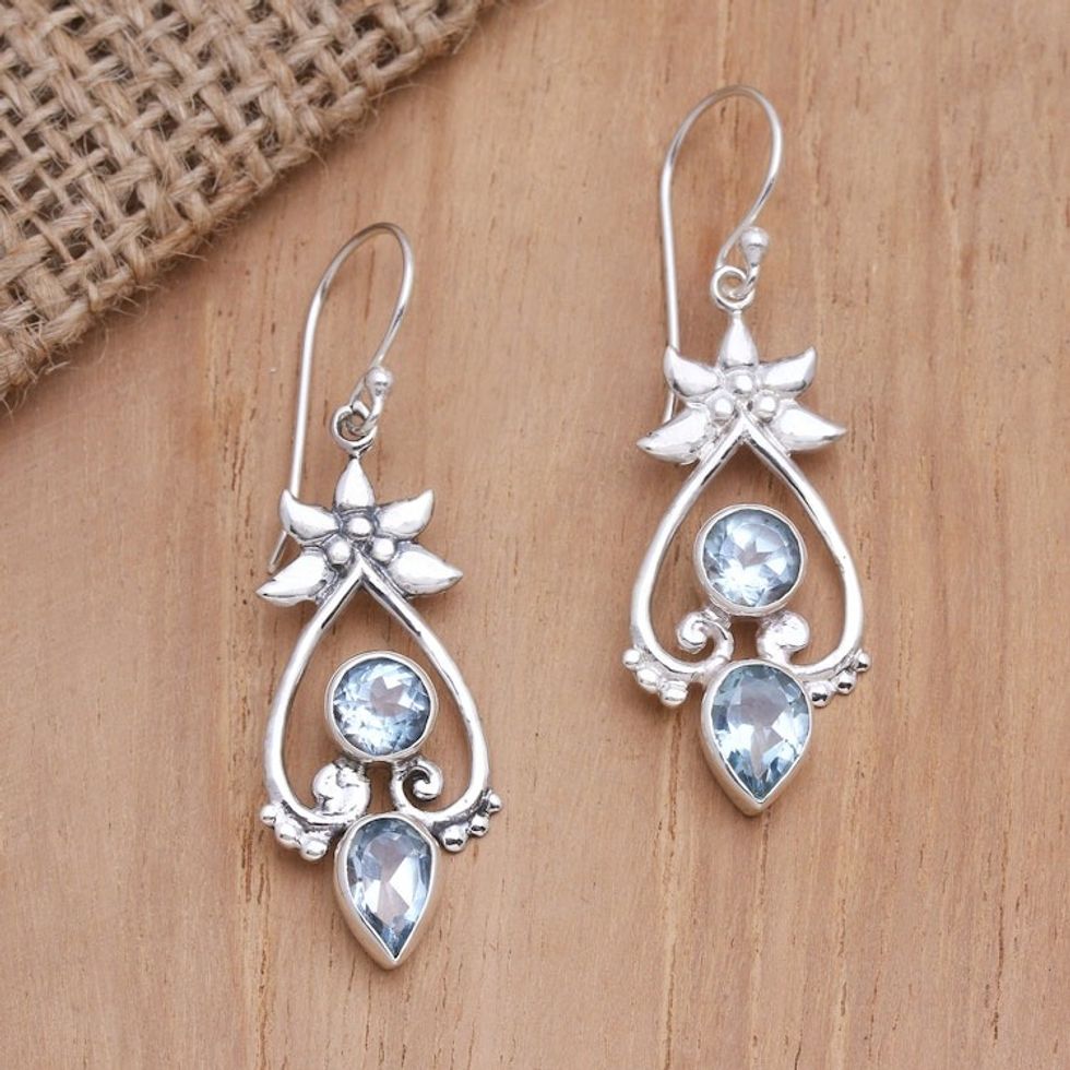 Blue Topaz and Sterling Silver Dangle Earrings 'Heart of Ice'