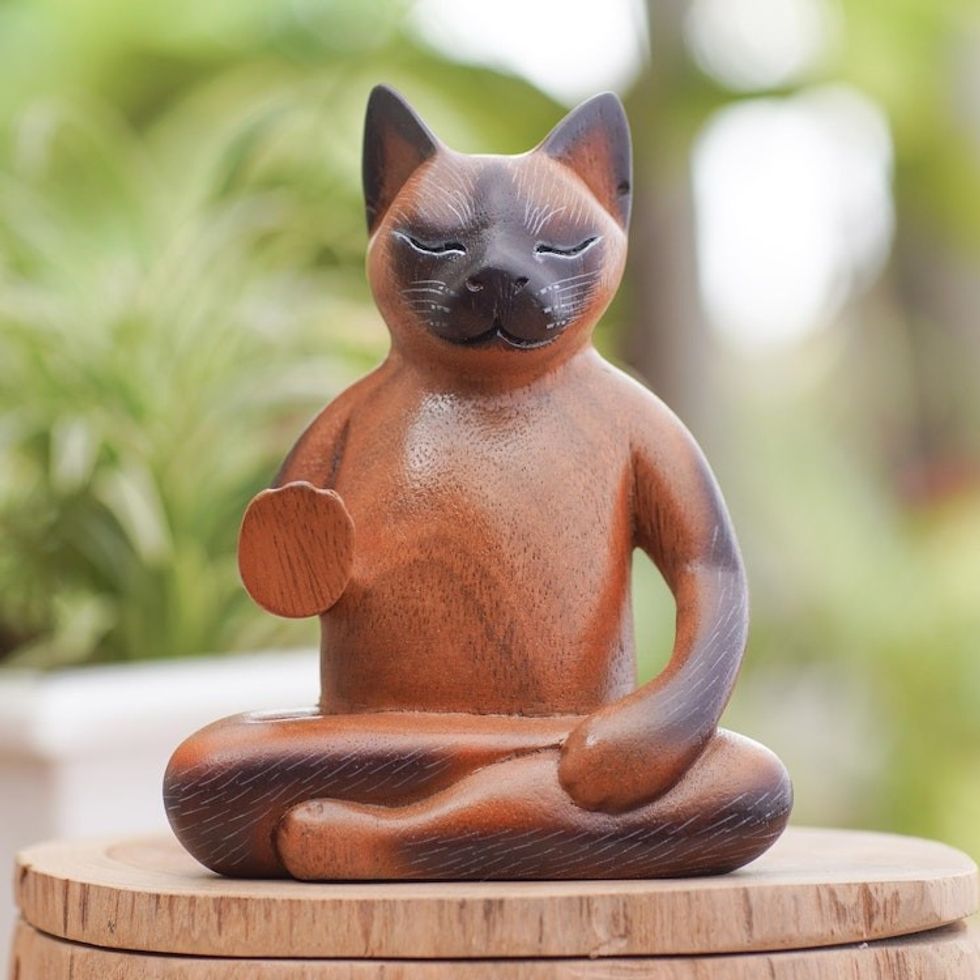Handmade Suar Wood Cat Statuette from Bali 'Cat Kindness'