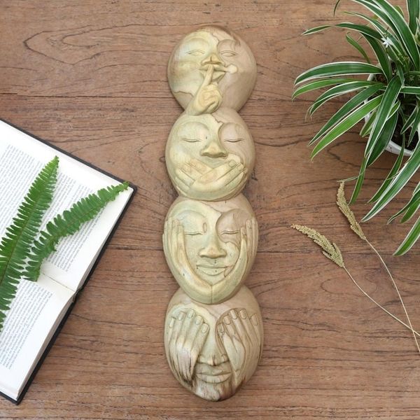 Alternate image for Handmade Hibiscus Wood Wall Art Four Faces of Bali