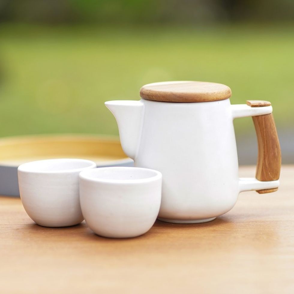 Handcrafted Ceramic and Teak Wood Tea Set Set for 2 'Midday Tea in White'