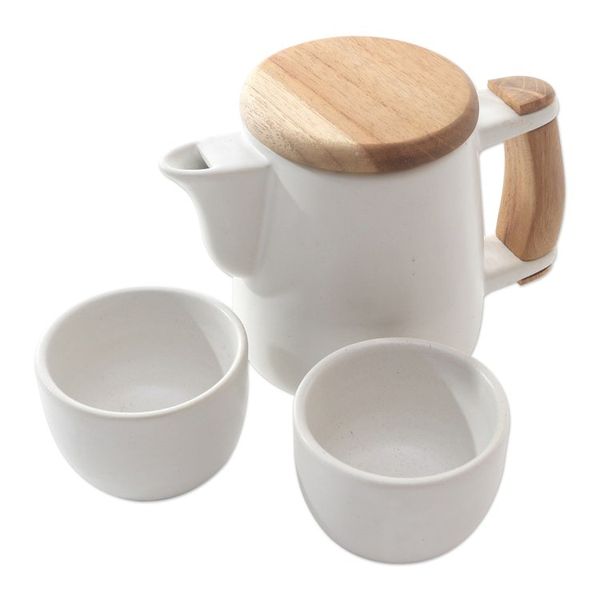 Alternate image for Handcrafted Ceramic and Teak Wood Tea Set Set for 2 Midday Tea in White